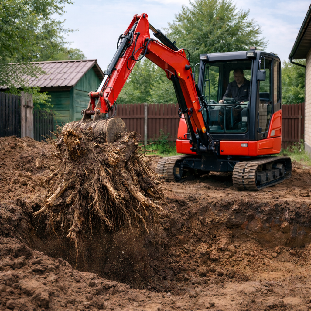 Корчевка пней мини-экскаватором